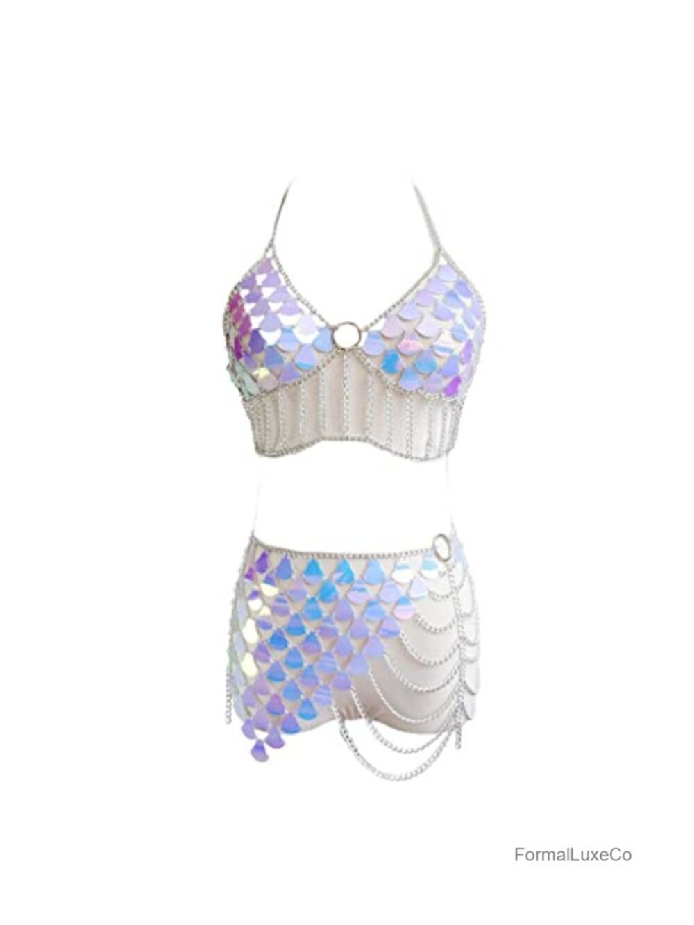 Metal Sequin Body Chain Set Bra Top Necklace Skirt Beach Party Jewelry